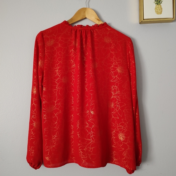 Liz Claiborne Blouse women Embellished Neck long Sleeves colo red cabaret New - Picture 2 of 10